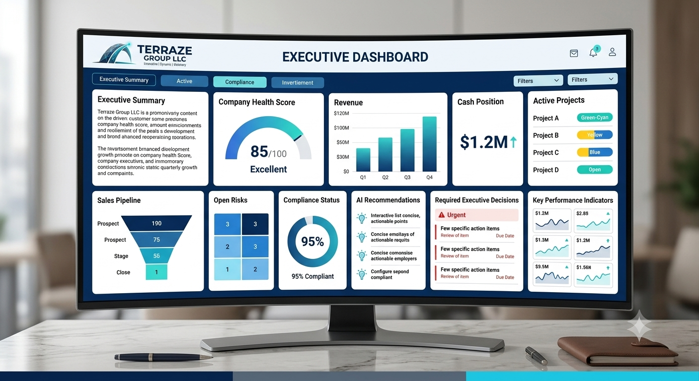 Terraze Executive Decision Support dashboard showing real-time KPIs, performance trends, risk alerts, and regional analytics